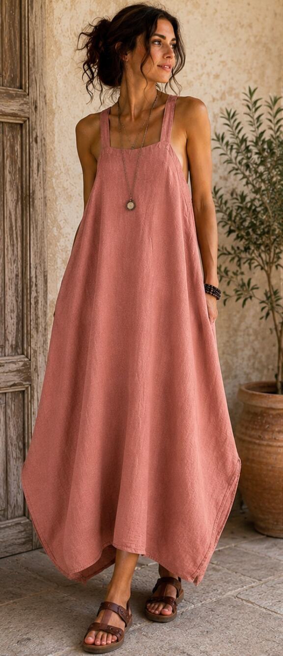 Dress Me Linen Maxi Dress Dusty Rose Cocoon Lagenlook Strappy Art to Wear